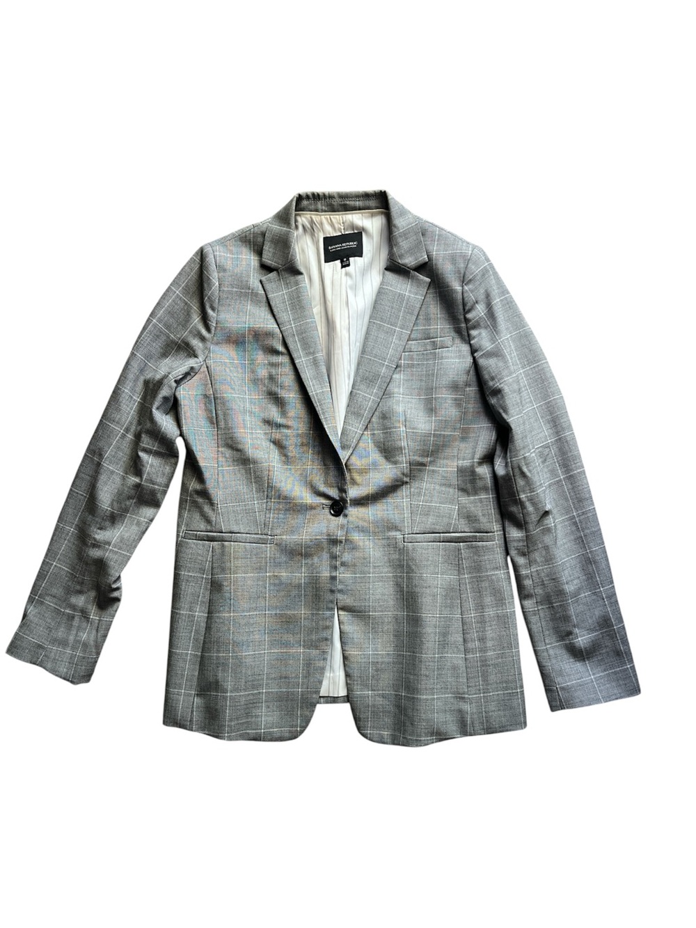 Banana Republic Long and Lean Gray Windowpane Single-Button Wool Blend Blazer 8